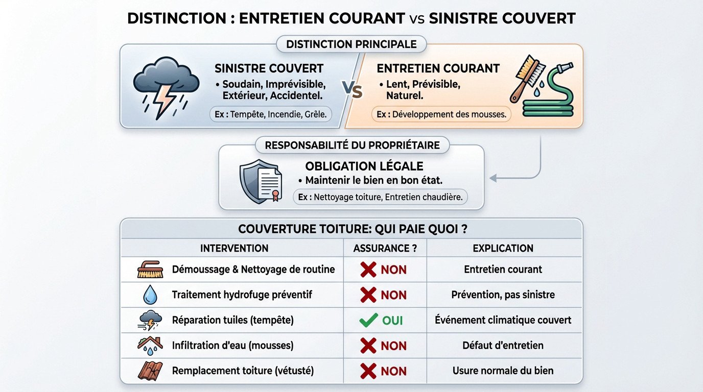 Schéma expliquant la différence entre un entretien de toiture à la charge du propriétaire et un sinistre couvert par l'assurance