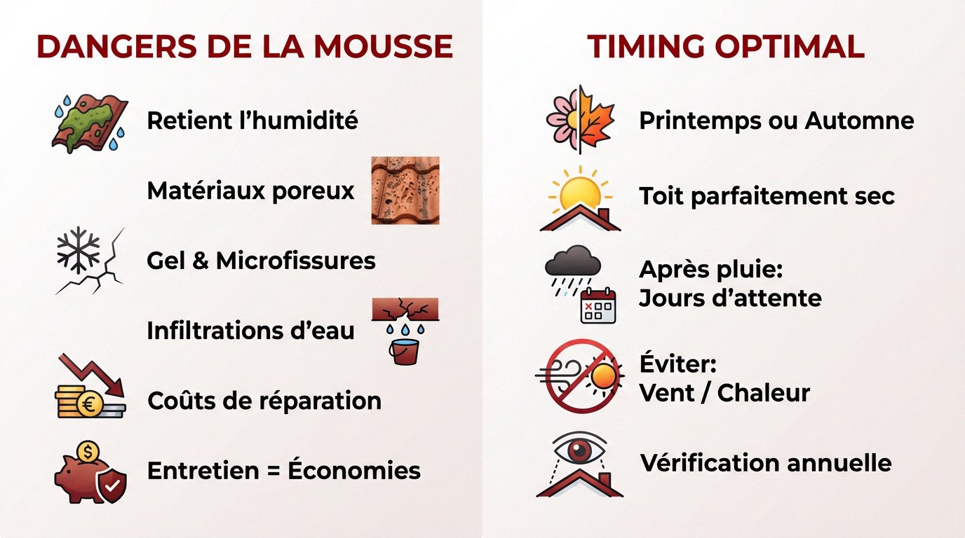 Toiture recouverte de mousse nécessitant un nettoyage pour éviter les infiltrations d'eau