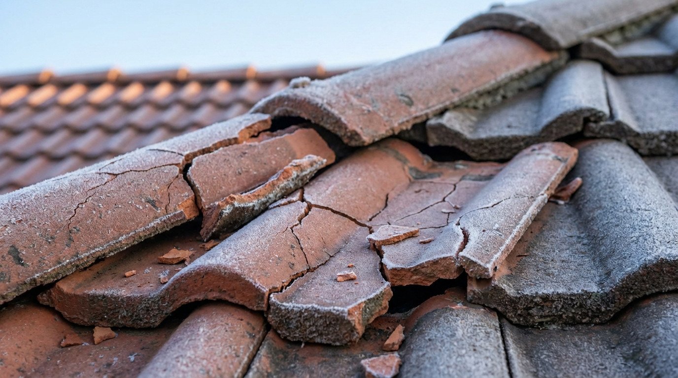 Close-up of cracked, frost-covered terracotta roof tiles, showing damage from freezing moisture. Intact tiles in background.