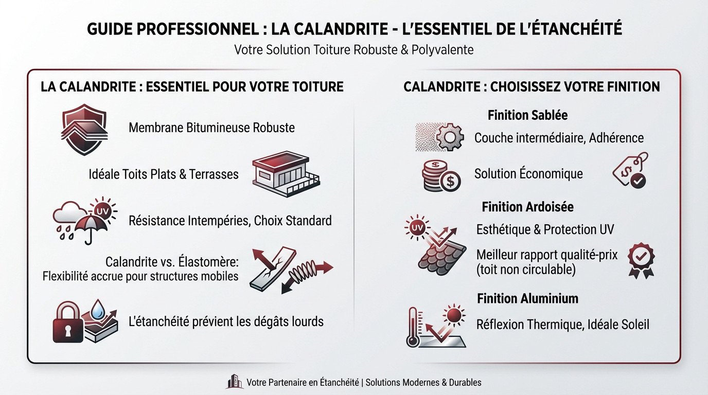 Rouleaux de calandrite avec différentes finitions pour l'étanchéité des toitures terrasses