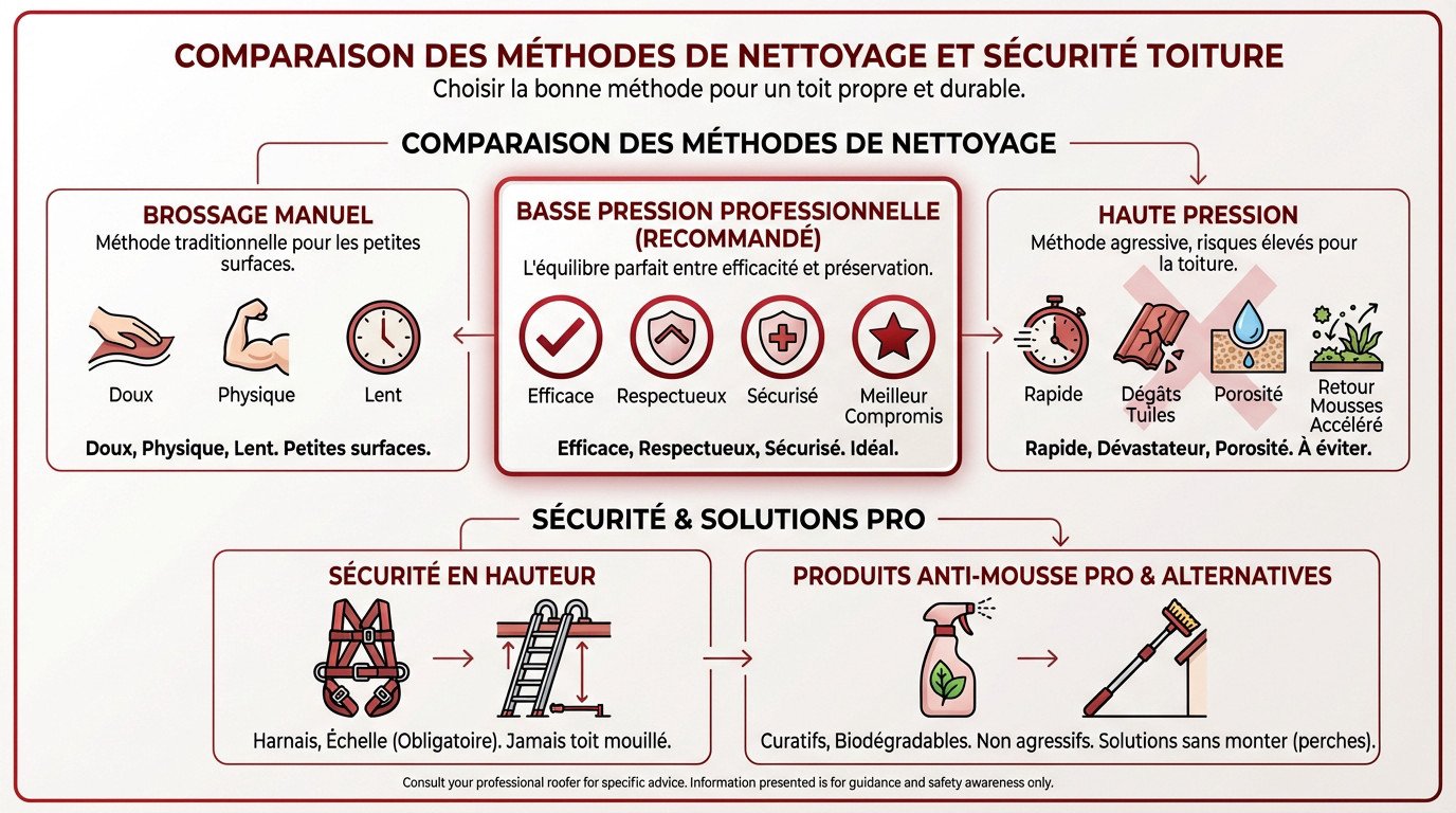 Professionnel réalisant un nettoyage de toiture sécurisé avec équipement adapté