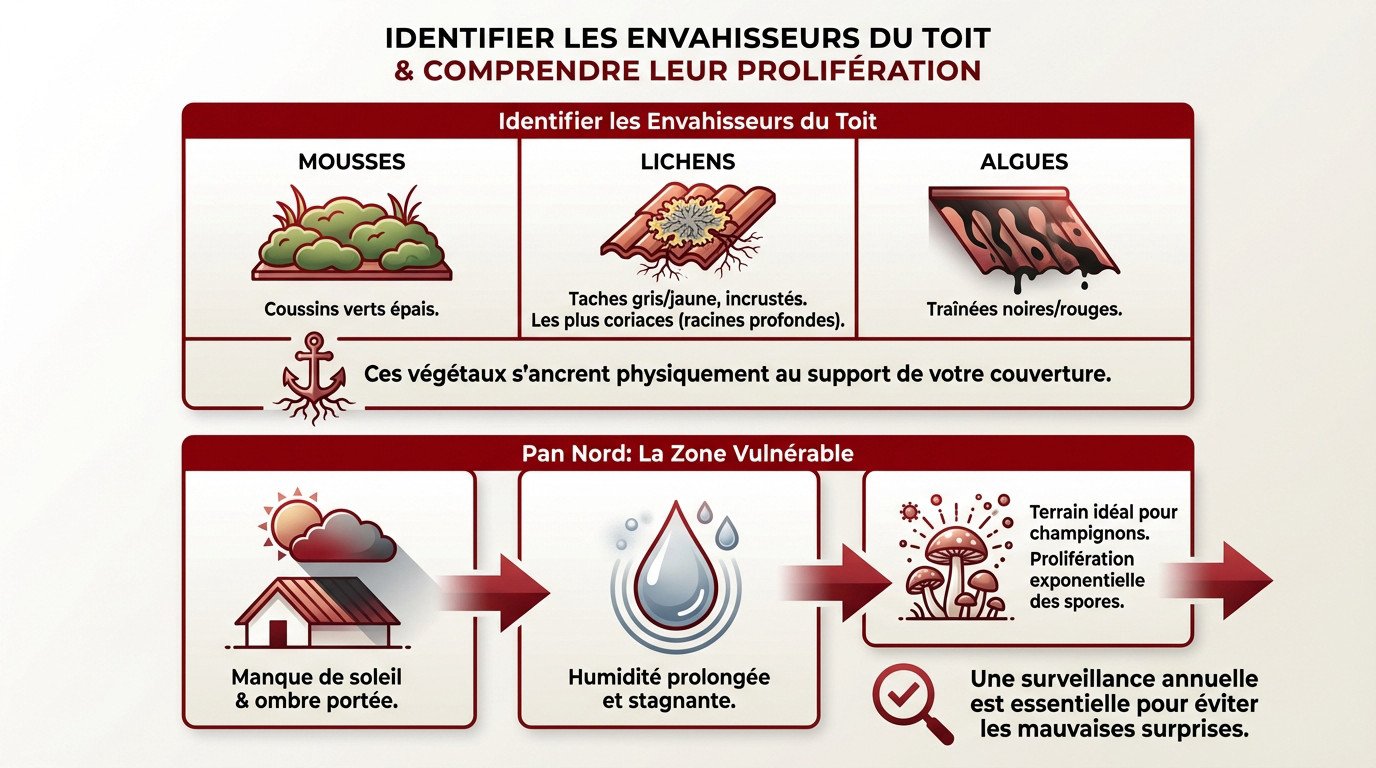 Identification visuelle des mousses, lichens et algues sur les tuiles de toiture