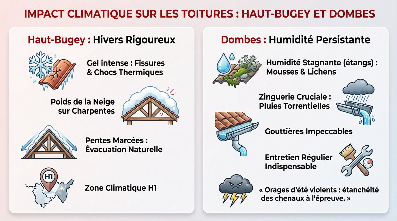 Toiture résidentielle exposée aux variations climatiques de l'Ain et à l'humidité