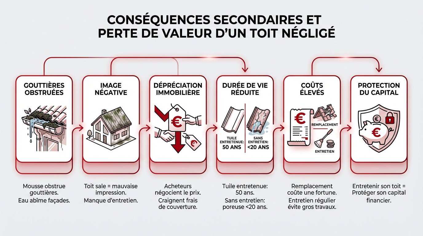 Infographie sur les conséquences financières et esthétiques d'une toiture négligée