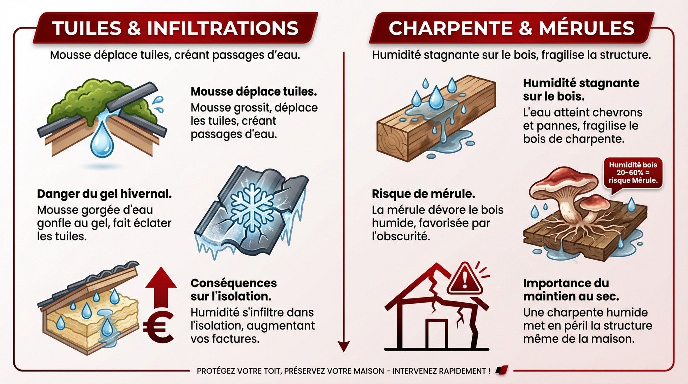 Schéma illustrant l'impact de la mousse et les infiltrations sur la toiture et la charpente