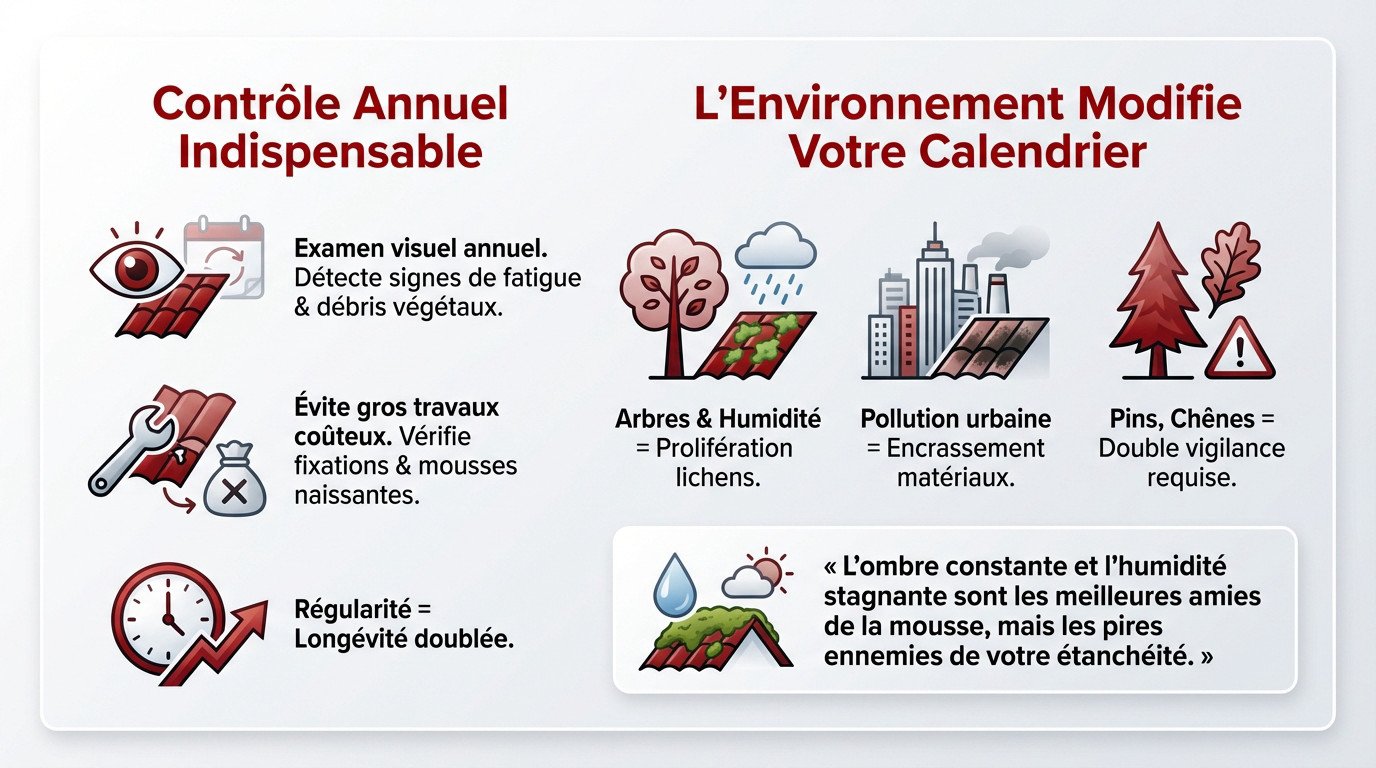 Infographie sur la fréquence d'entretien de toiture et l'impact environnemental des mousses