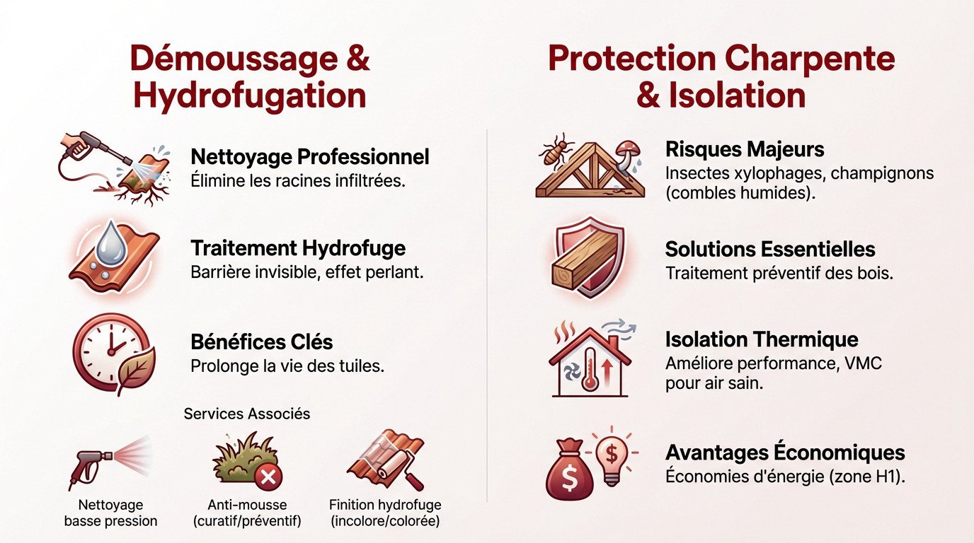 Infographie détaillant les étapes clés de l'entretien de toiture et la protection contre l'humidité