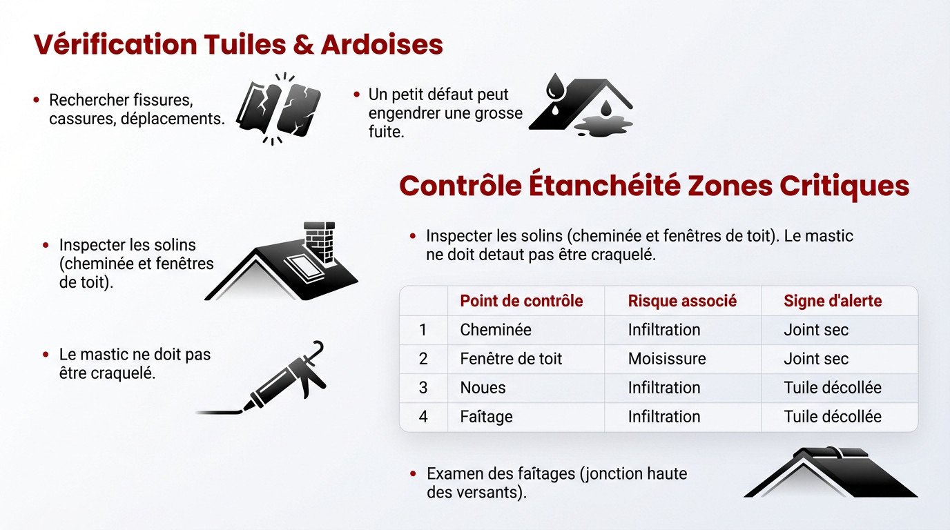 Schéma détaillant l'inspection des points singuliers et le contrôle de l'étanchéité d'une toiture