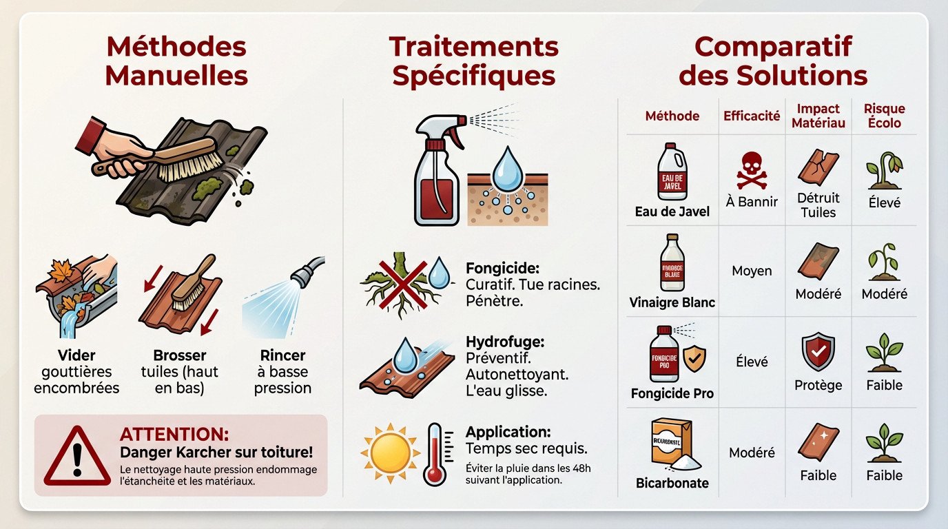 Infographie détaillant les étapes du démoussage manuel et les solutions de traitement anti-mousse