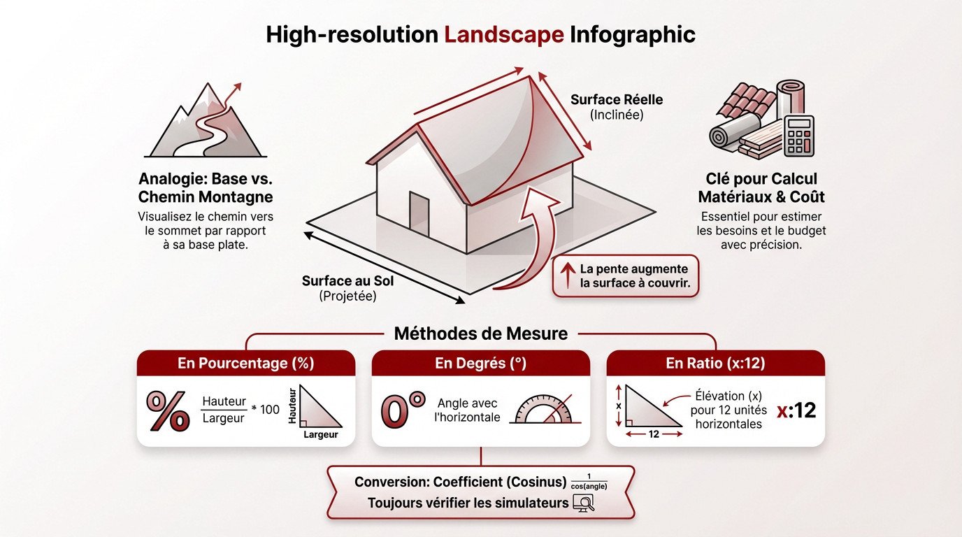 Infographie explicative sur la pente de toit et l'impact sur le calcul des matériaux