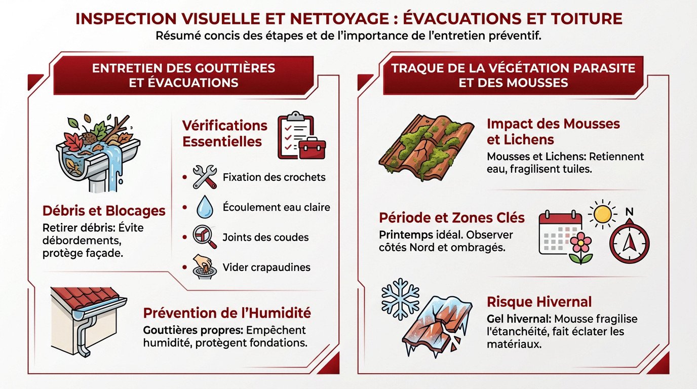 Inspection visuelle des gouttières encombrées et nettoyage de toiture par un professionnel