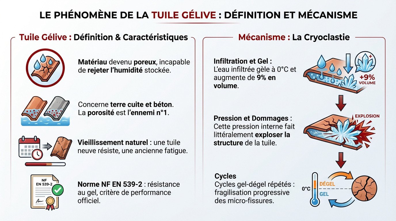 Schéma expliquant le phénomène de la tuile gélive et l'éclatement par le gel