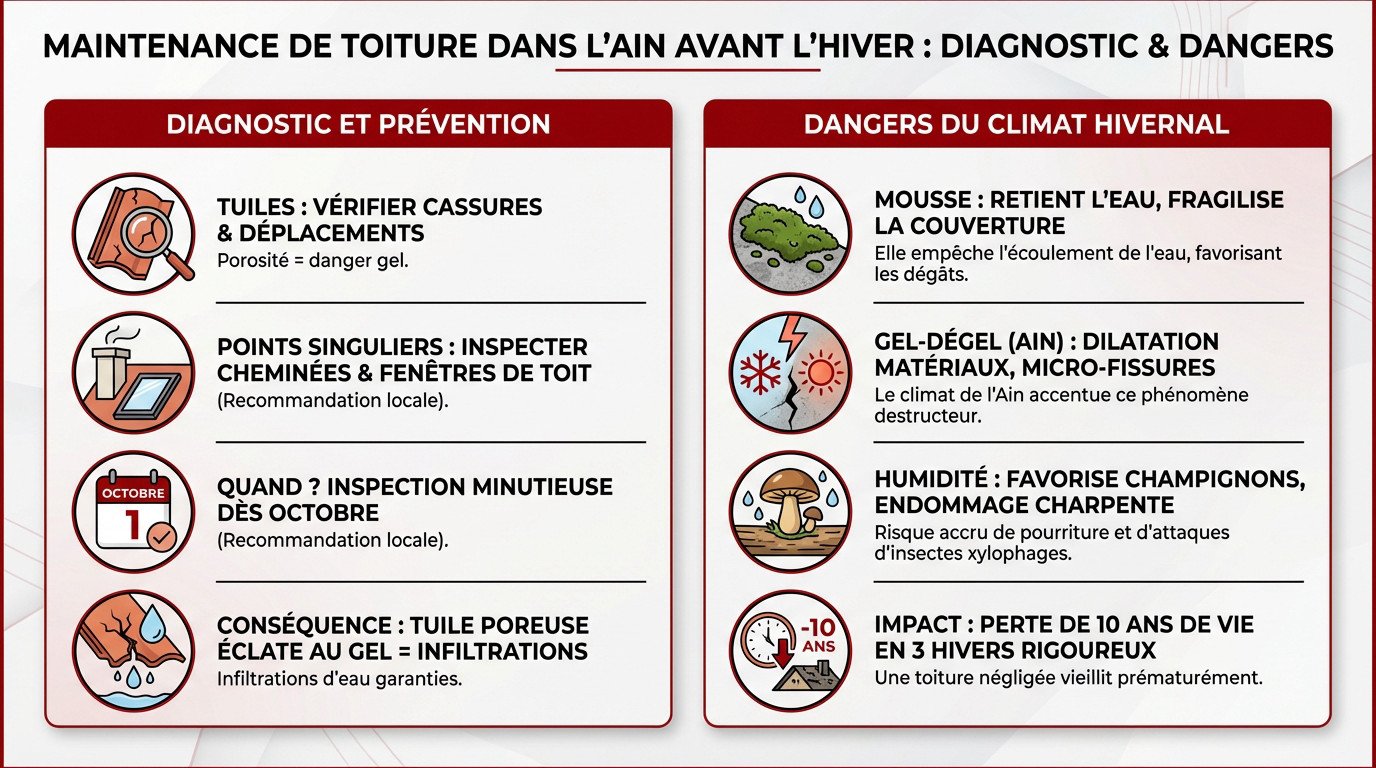 Technicien inspectant une toiture dans l'Ain pour prévenir les dégâts du gel