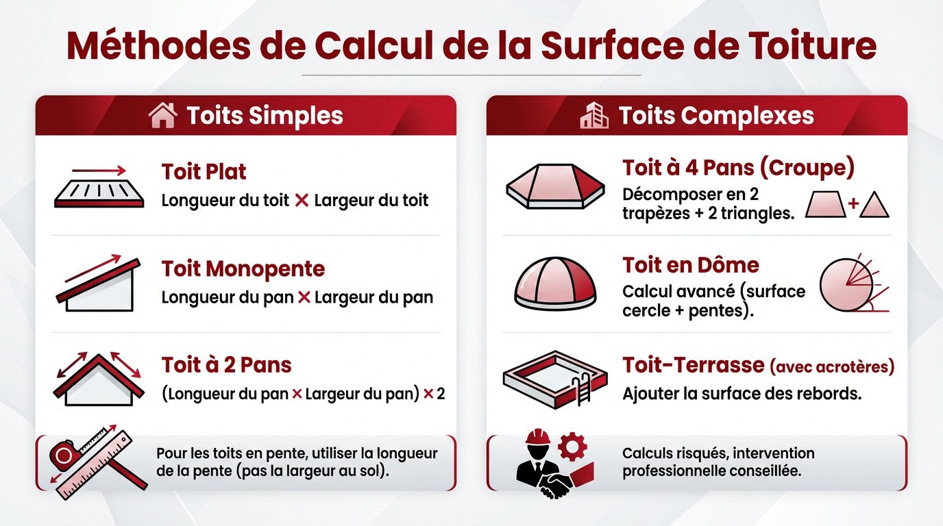 Schéma explicatif des méthodes de calcul de surface pour toitures plates, monopentes et à deux pans