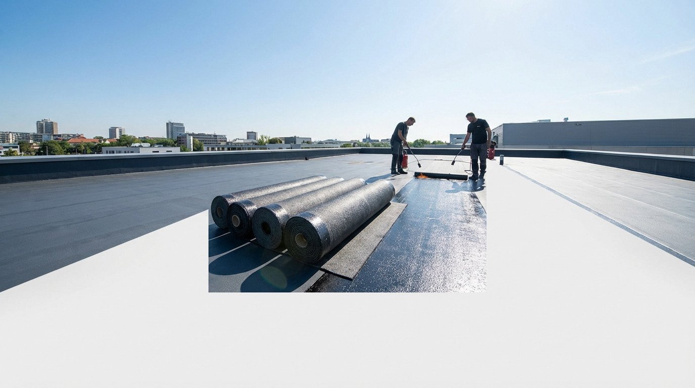 Two roofers apply dark bituminous calandrite membrane on a modern flat roof under bright sun, showcasing durable waterproofing.