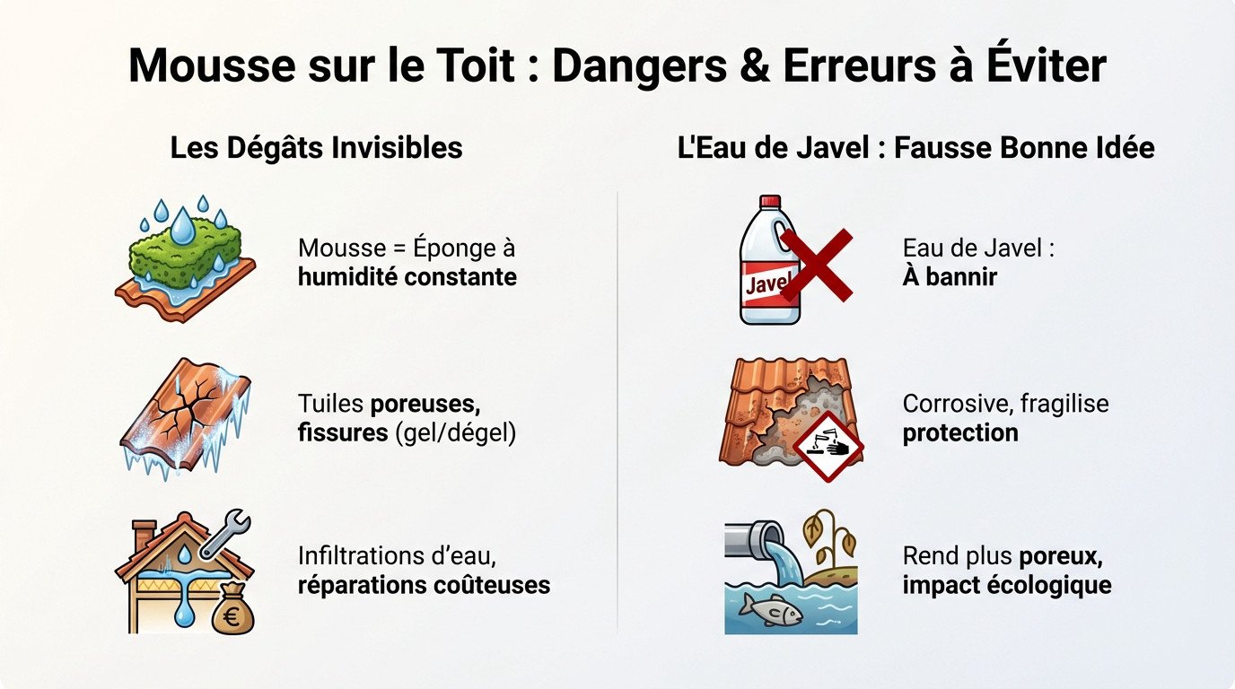 Toit recouvert de mousse provoquant des dégâts d'étanchéité