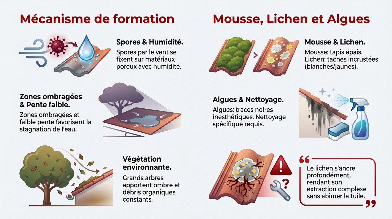 Toiture recouverte de mousse épaisse et de lichen incrusté provoquant des dégâts d'humidité