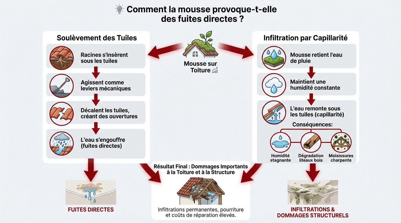 Infiltration d'eau causée par la mousse soulevant les tuiles de toiture