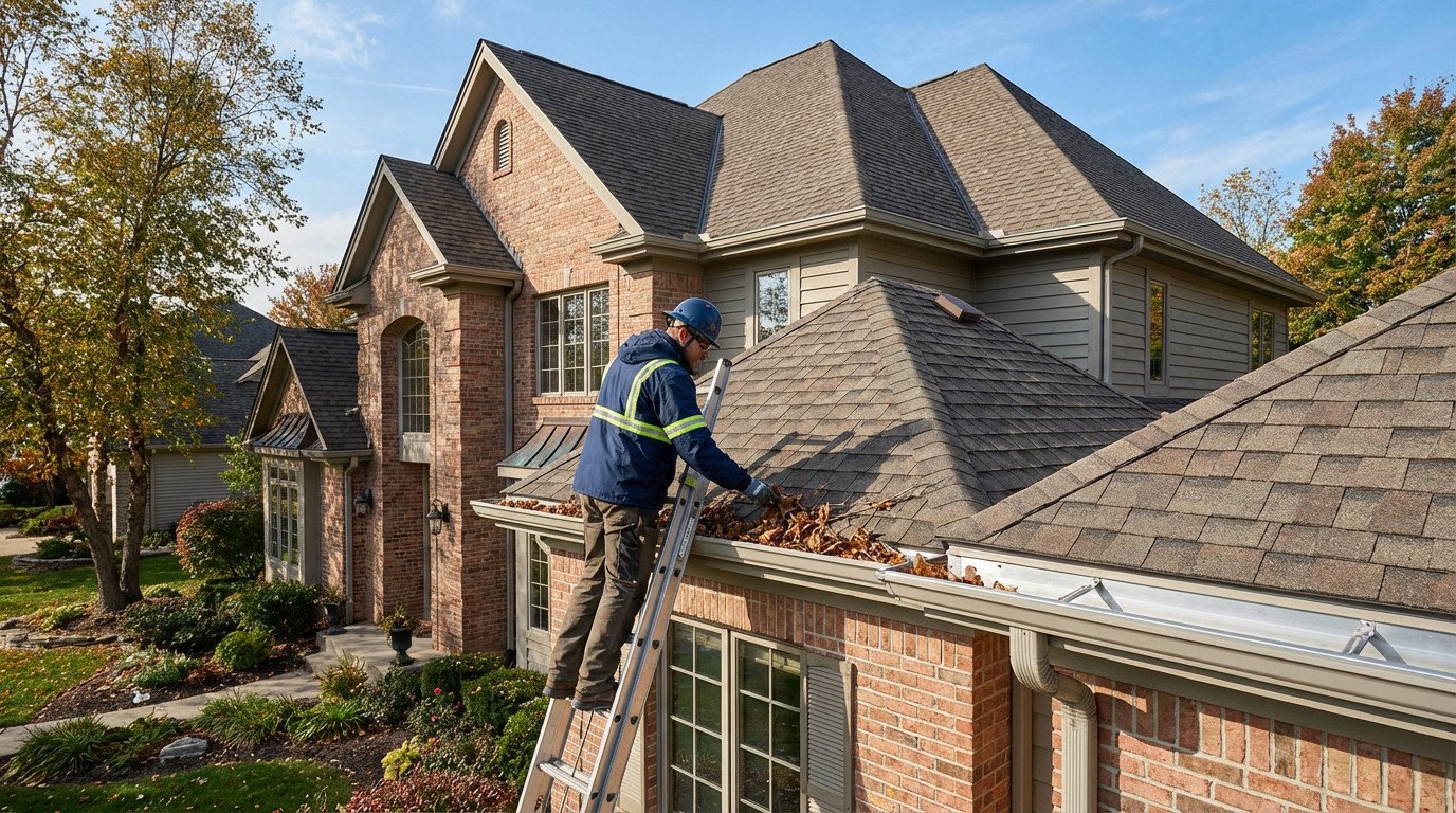 Un professionnel nettoie des gouttières remplies de feuilles sur une grande maison, illustrant les facteurs de coût.