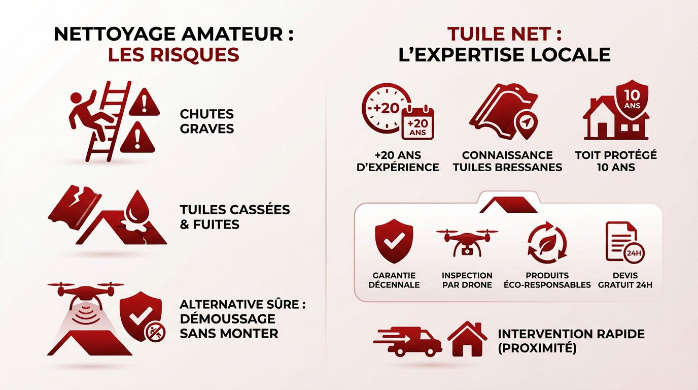 Comparaison entre les risques d'un nettoyage amateur et l'expertise professionnelle Tuile Net