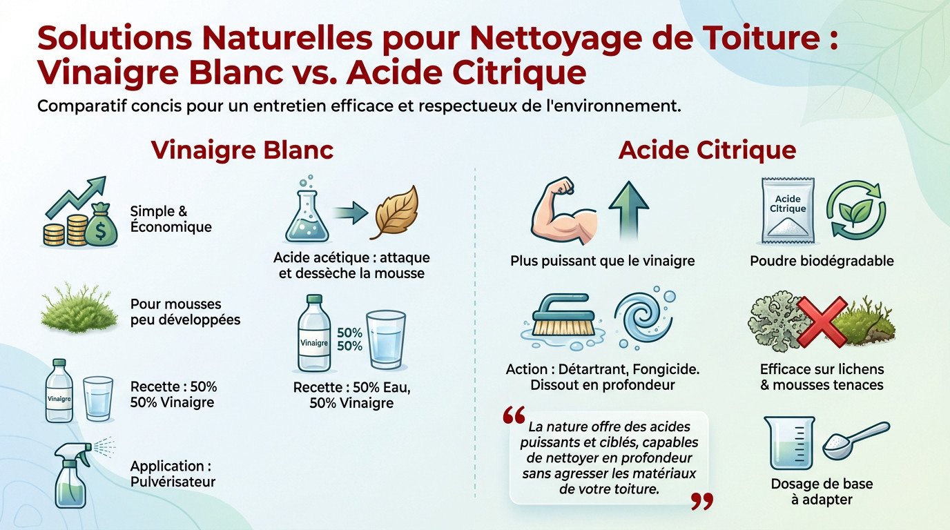 Comparaison efficacité vinaigre blanc et acide citrique pour le nettoyage de toiture