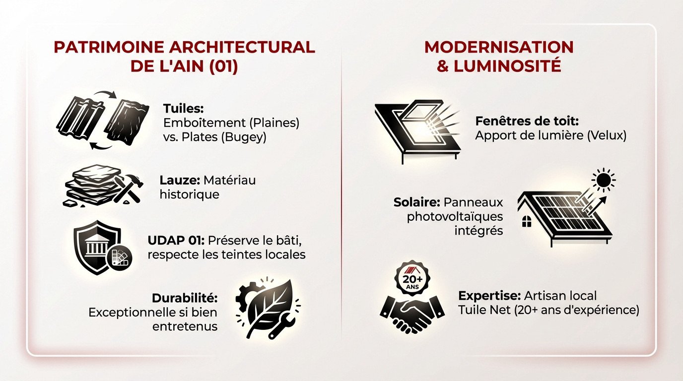 Rénovation de toiture respectant le patrimoine architectural de l'Ain