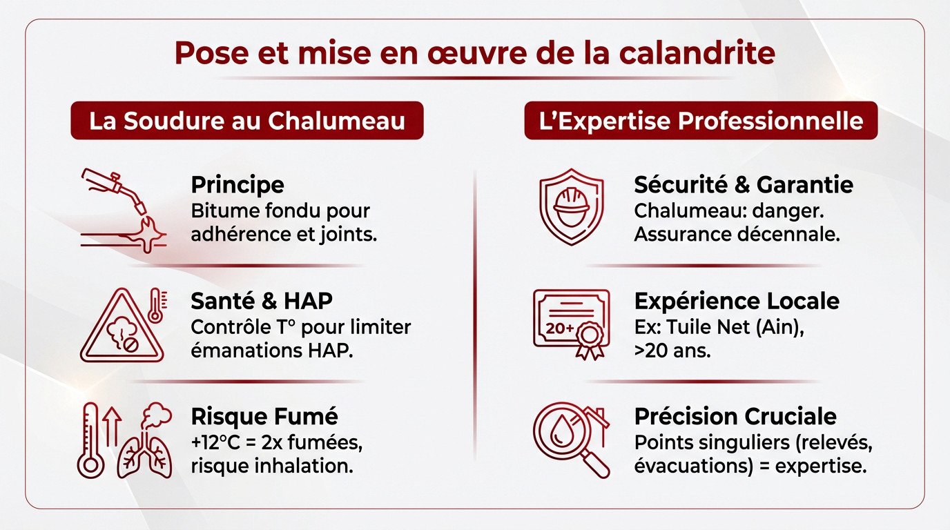 Pose de calandrite par soudure au chalumeau sur toiture terrasse