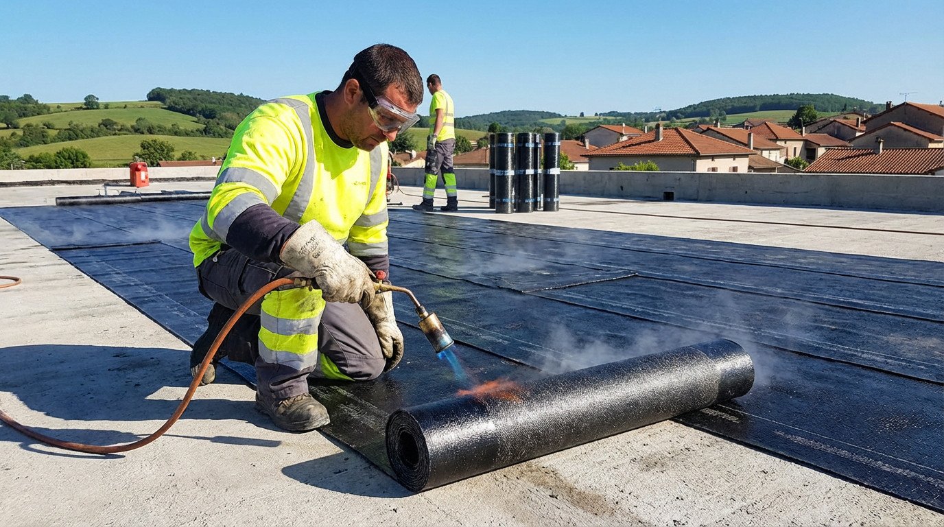 Ouvrier qualifié posant une membrane d'étanchéité (calandrite) au chalumeau sur un toit-terrasse ensoleillé. Paysage de l'Ain en arrière-plan.