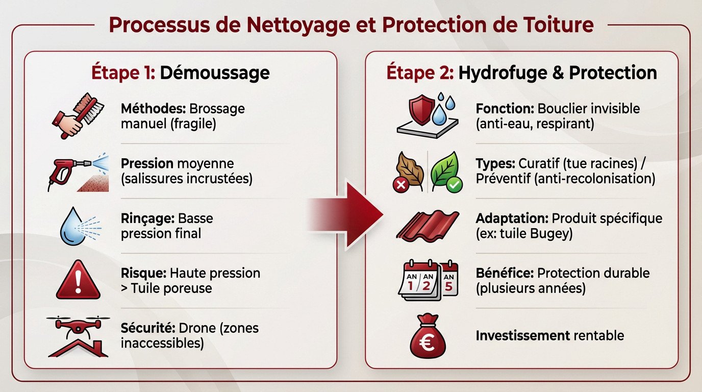 Professionnel réalisant un nettoyage de toiture adapté pour préserver les tuiles