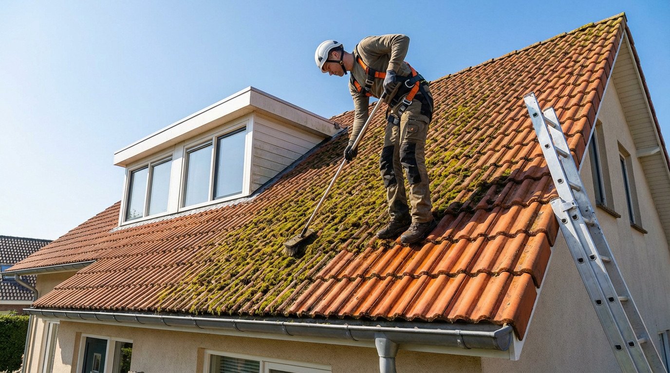 Worker in safety harness and helmet cleaning green moss from terracotta roof tiles with a long brush on a sunny day. Ladder nearby.