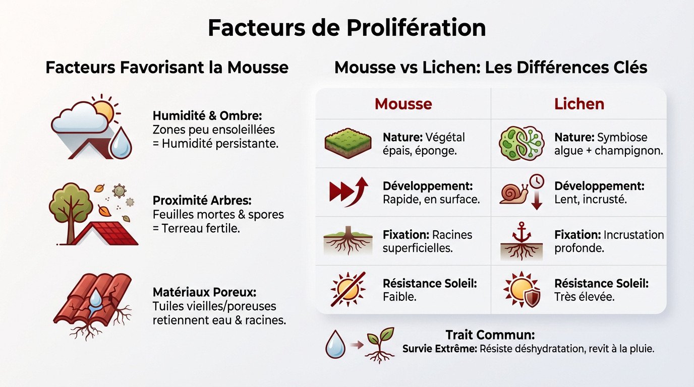 Schéma explicatif des facteurs de prolifération de la mousse et du lichen sur une toiture en tuiles