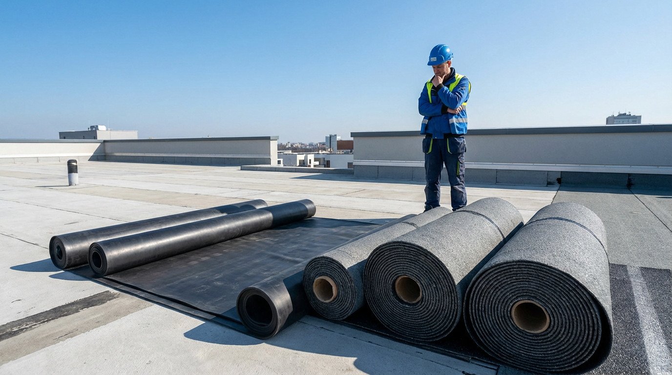 A worker inspects rolls of black EPDM and dark gray bitumen roofing membranes on a modern flat roof under bright daylight.