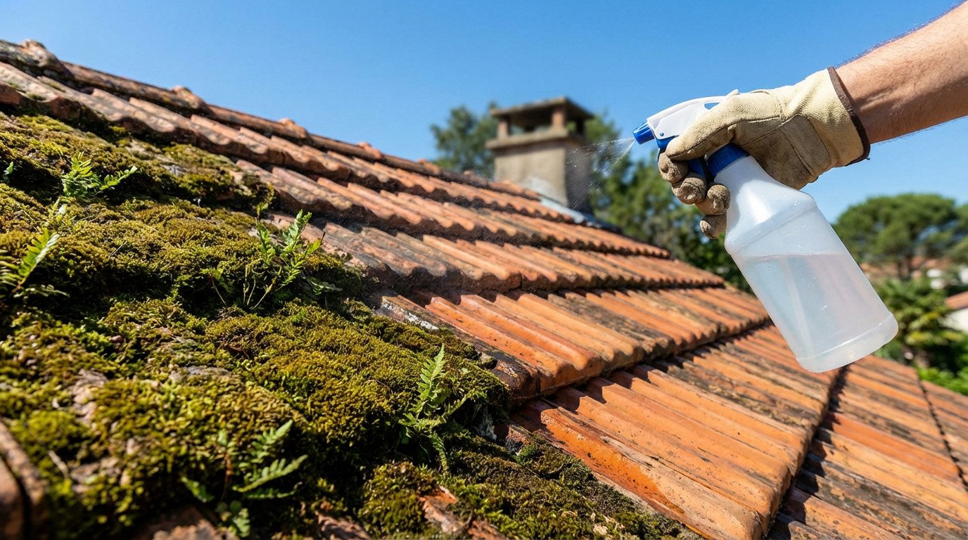 A gloved hand sprays a natural cleaning solution on a mossy terracotta roof. Clean tiles contrast with green moss under a blue sky.
