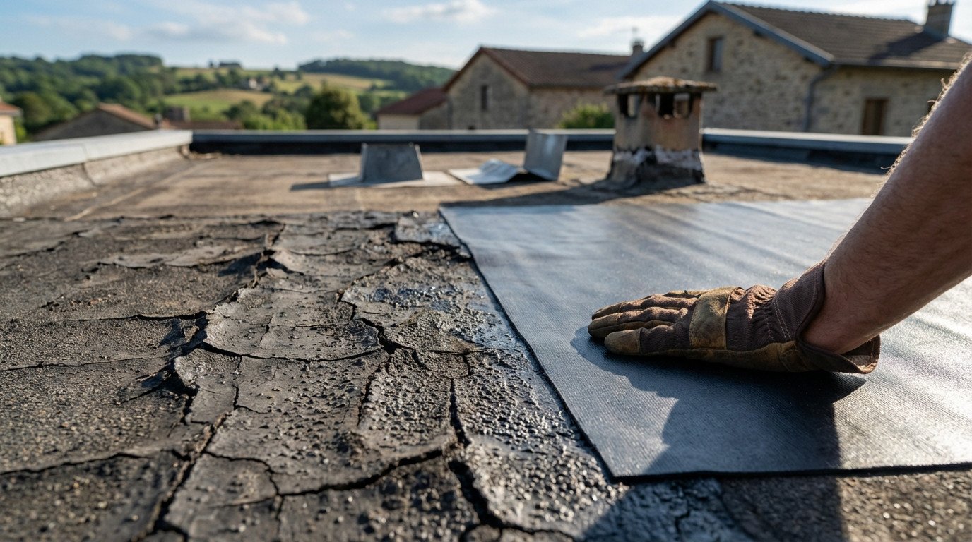 Gloved hand on new dark grey waterproofing membrane, contrasting with cracked old roof. Blurred houses and hills in daylight.