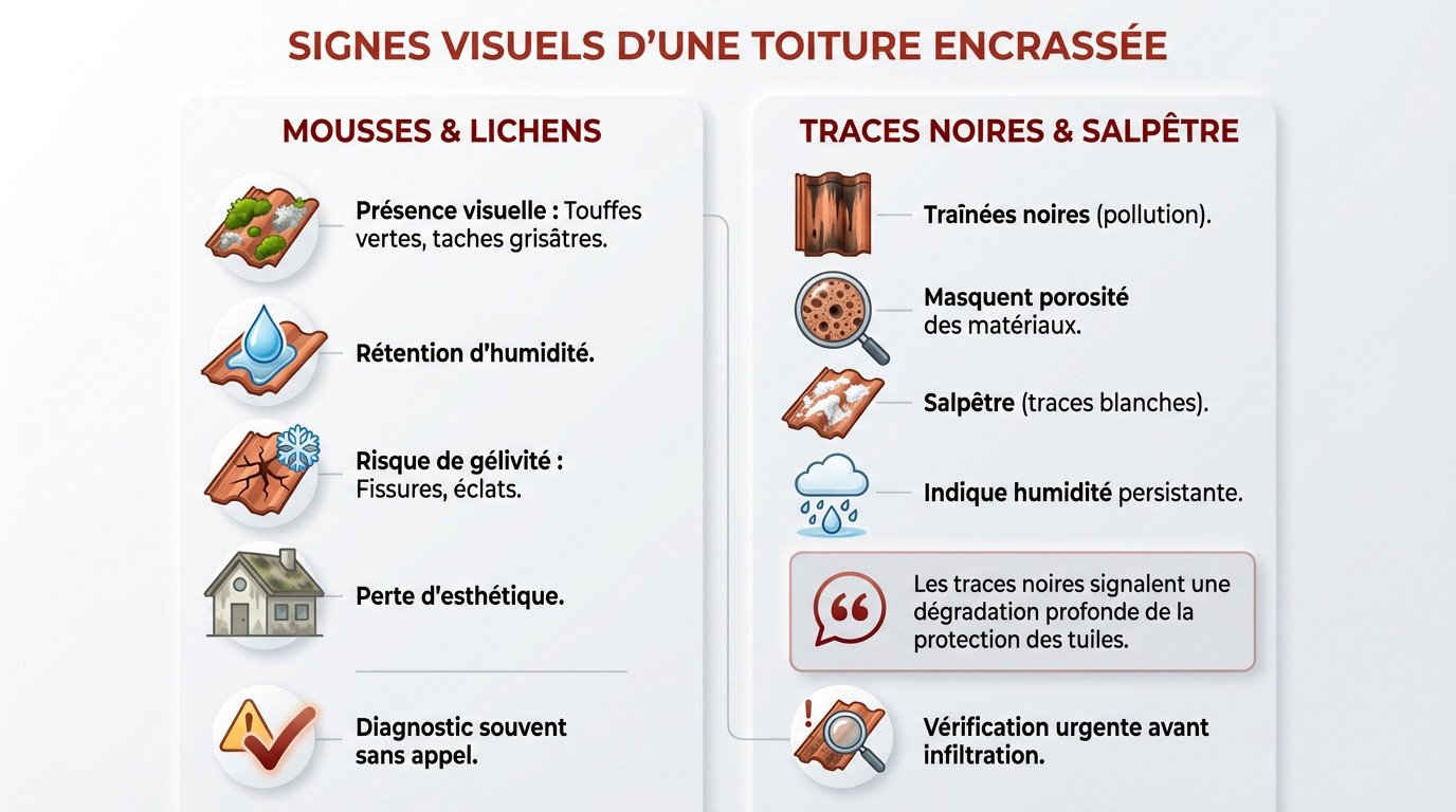 Toiture avec présence de mousses et traces noires nécessitant un nettoyage urgent