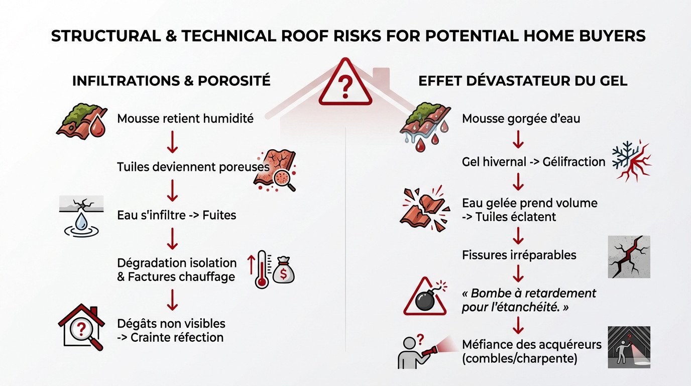 Toiture endommagée par la mousse et le gel révélant des risques structurels