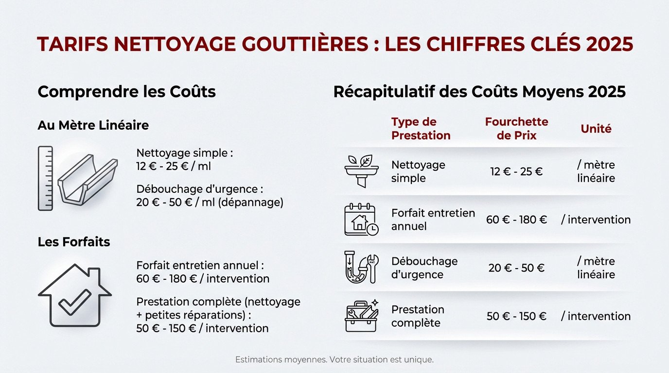 Tableau et graphique illustrant le prix nettoyage gouttières au mètre linéaire et au forfait pour 2025