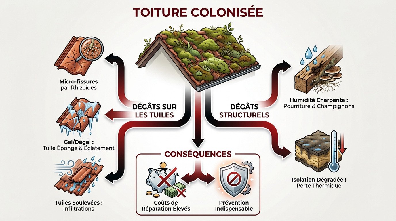 Toiture endommagée par la mousse : tuiles poreuses et risques d'infiltration d'eau