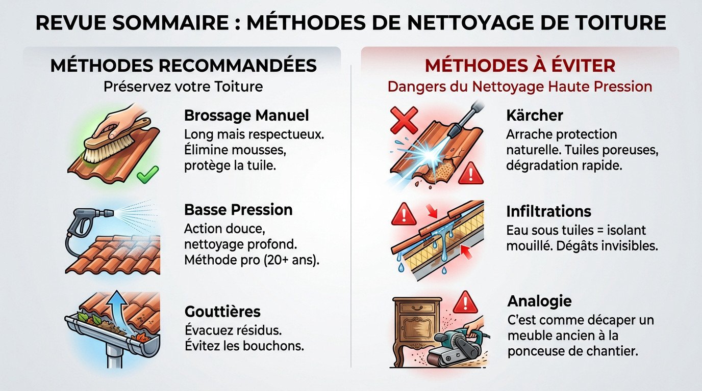 Comparaison des méthodes de nettoyage de toiture : brossage manuel doux contre risques du nettoyeur haute pression