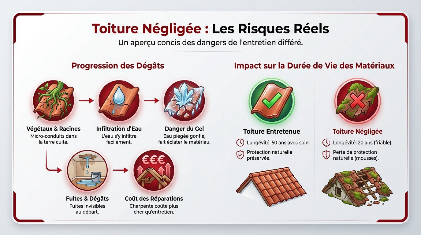 Toiture endommagée par la mousse et le lichen montrant des tuiles poreuses et fissurées