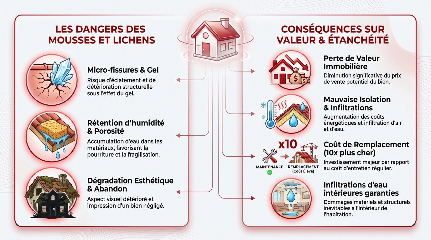 Toiture saine comparée aux dangers des mousses et lichens sur l'étanchéité